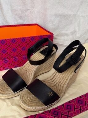 Tory Burch Black Leather Espadrille Wedge Sandals